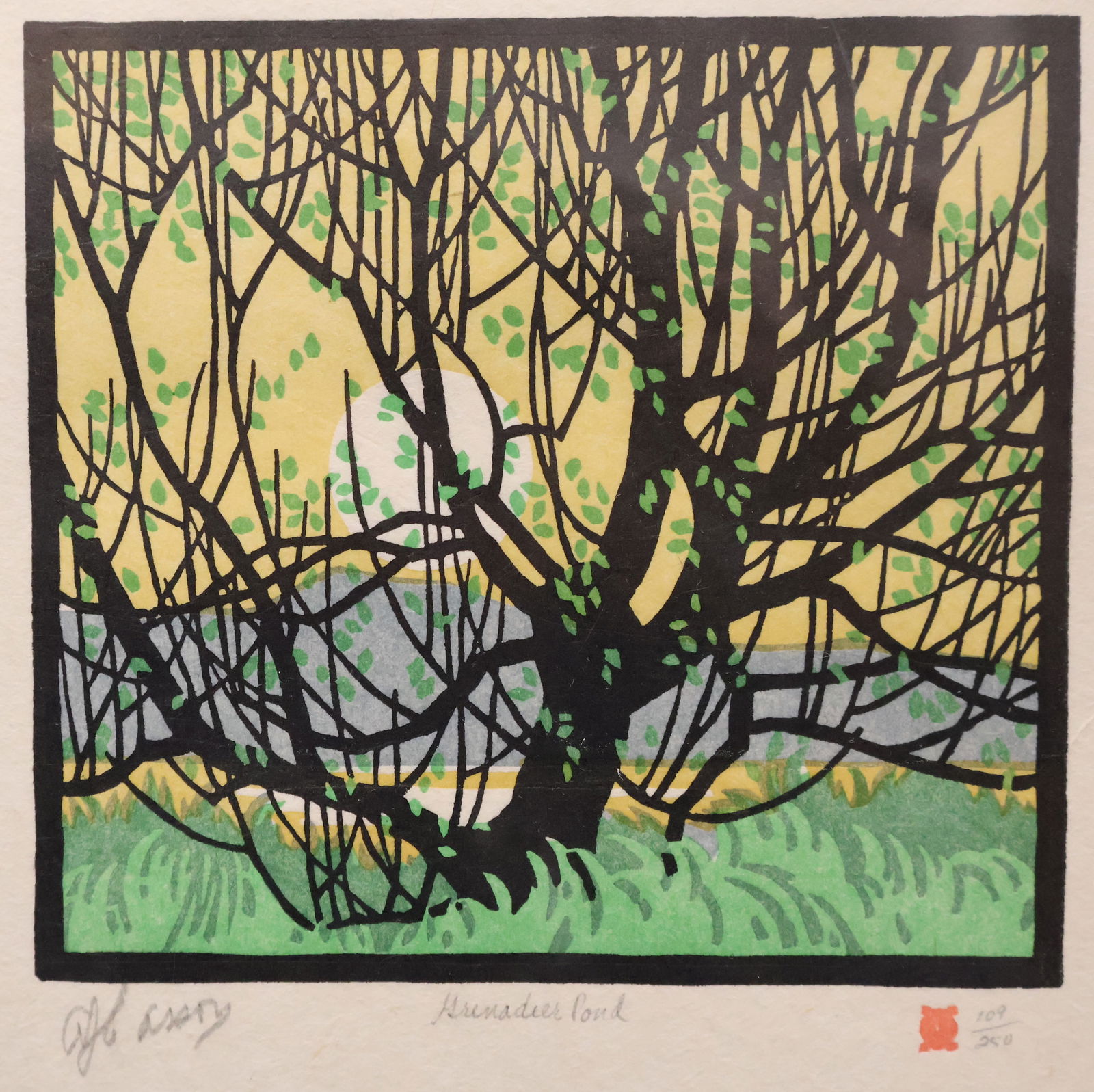 Alfred Joseph Casson, Canadian (1898-1992): Linocut on paper titled ‘’Grenadier Pond’’. Provenance: Bremner CoA included. Signed, titled and numbered 109/250 in pencil to the margin. Image size: 5-¼’’x5-¾’’ unframe