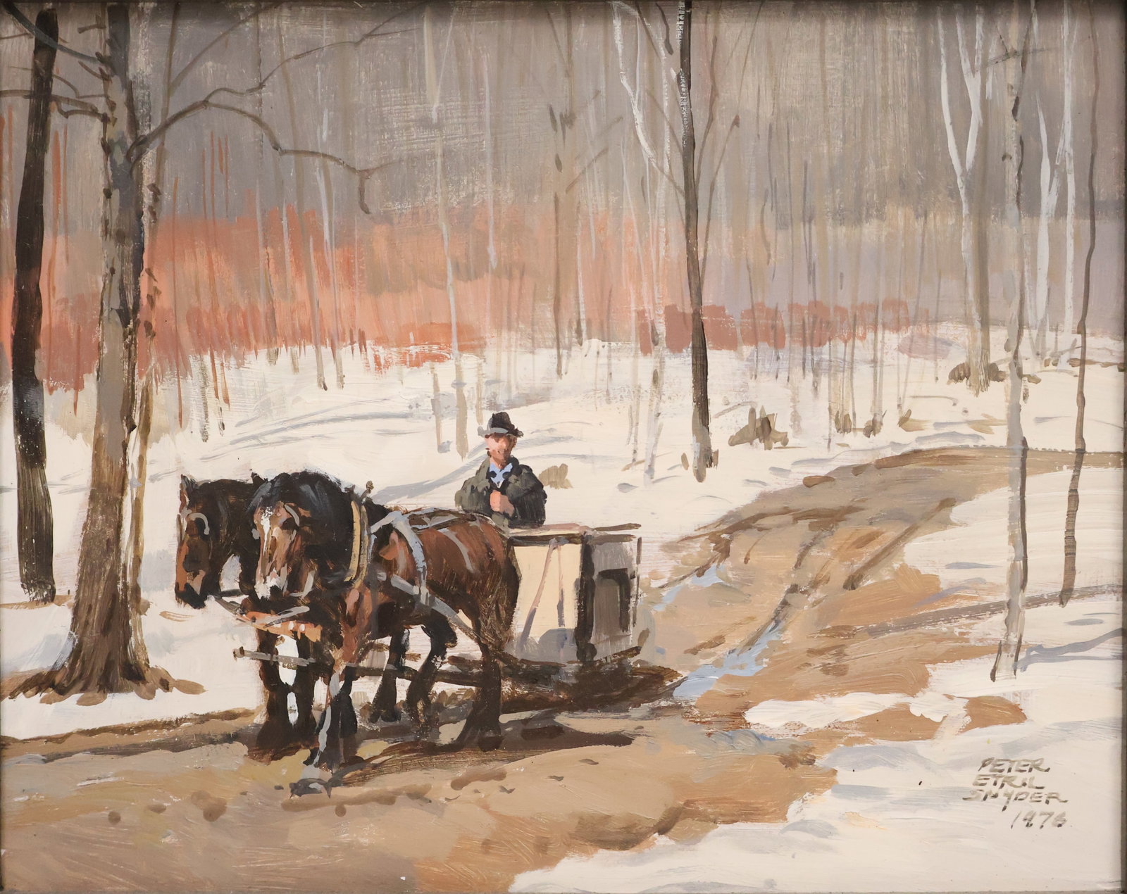 Peter Etril Snyder, (Canadian, 1899-2017): Oil on masonite showing a horse drawn cart in winter. Brief artist biography verso, signed & dated 1976 l/r. Image size: 8’’x10’’, (Frame size: 16.6’’x18.5’’).