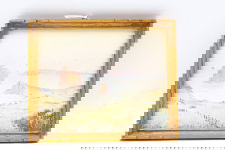 Willard Morse Mitchell, Canadian, (1879-1955): A small watercolour on paper showing a harbour view titled: ''Perce PQ, on the Gaspe Coast''. Signed l/r, lengthy inscription verso. The piece is mounted in hand carved & gilded frame done by the arti