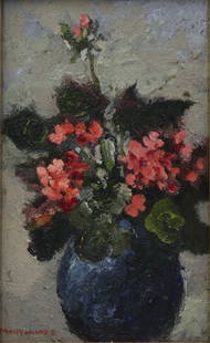 Molly Lamb Bobak RCA, Canadian, (1920-2014): Oil on board showing a floral still life study titled ''Geraniums''. Provenance: Downstairs Gallery, Edmonton gallery label verso. Signed l/l, Image size: 8''x5'' (Frame size: 13.5''x10.5'').