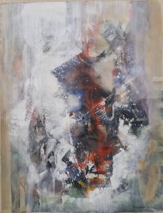 Leon Bellefleur RCA, Canadian (1910-2007): Mixed media on paper showing an abstract composition titled: ‘’Eblouissement, 1963’’. Provenance: Art Gallery of Hamilton, Roberts Gallery & Issacs Gallery labels verso. Signed & dated l/r, Im