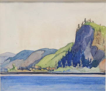 Franklin Carmichael, OSA, RCA, Canadian (1880-1945): Watercolour on paper showing a mountainous river landscape titled: ‘’Ottawa River, 1924’’. Provenance: From the Carmichael estate bearing estate stamp, titled & dated on Roberts Gallery label
