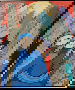 Daphne Odjig, CM, OBC, RCA, Nishnaabe-Neshnabe (Odawa-Potawatomi). (1919-2016),: Acrylic on canvas showing figures walking amongst totems titled: ‘’Companions Past and Present – Kitwancool’’. Provenance: Le Gallerie Shayne, Montreal QC label verso. Image size: 24x20 inch