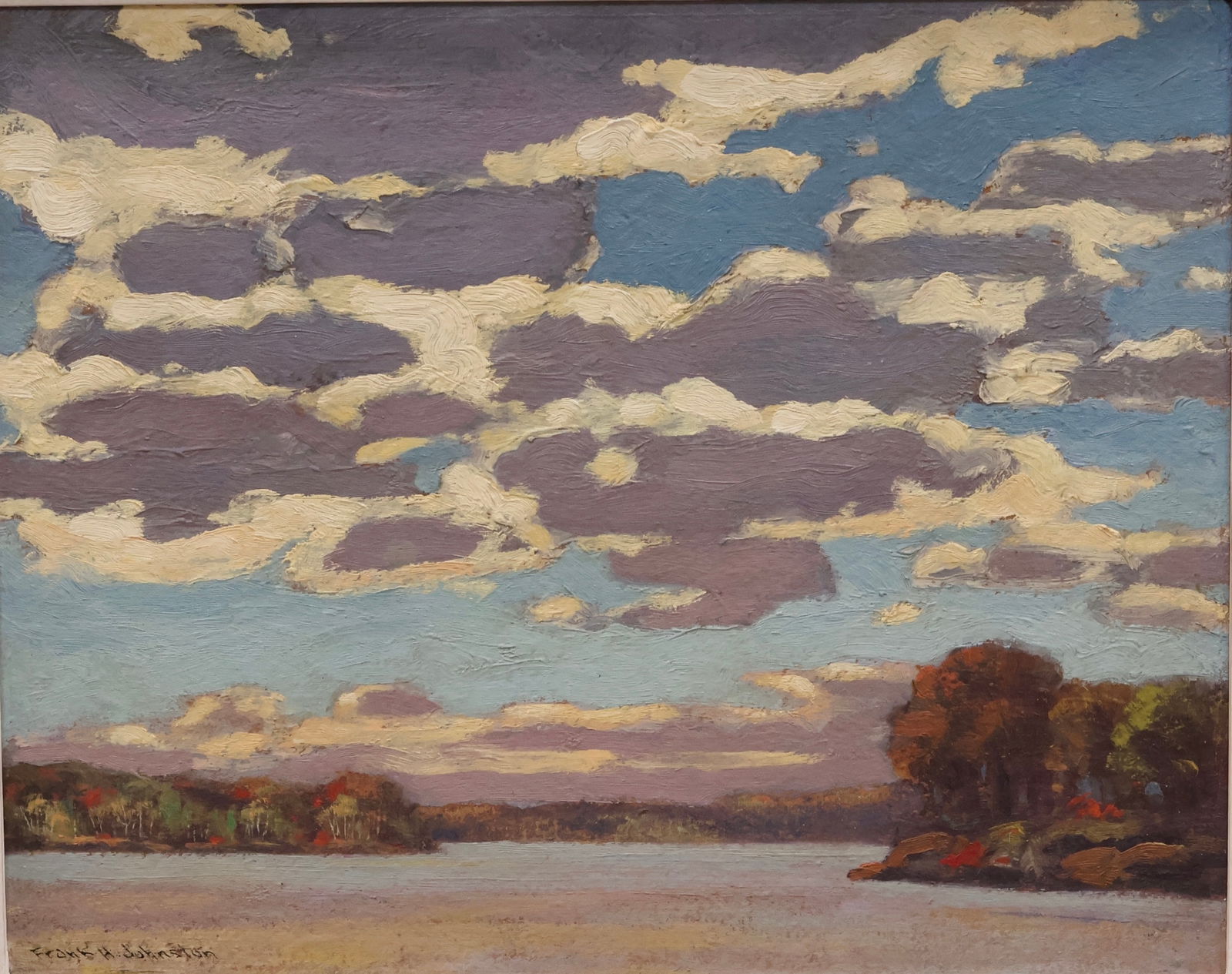 Frank Hans (Franz) Johnston, OSA, RCA, Canadian (1888-1949): Oil on board showing a northern Ontario scene titled ‘’Spring Skies’’. Signed l/l, titled and authentication inscription verso. Image size: 10’’x12.5’’ (Frame size: 19.5’’x23’’