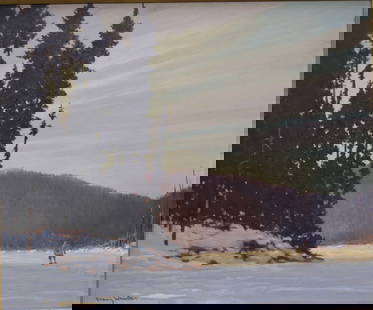Frank Hans (Franz) Johnston, OSA, RCA, Canadian (1888-1949): Oil on board showing dramatic winter scene with a lone figure walking towards the sunlight titled, ‘’The Frozen River’’. Signed l/l and verso with title. Image size: 20’’x24’’ (Frame s