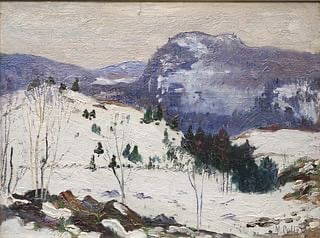Maurice Galbraith Cullen, Canadian (1866-1934: Oil on board showing a mountainous winter landscape. Signed l/l. Provenance: Klinkhoff & Mihalis gallery labels verso. Image size: 10.5''x14'', (Frame size: 19.5''x23'').