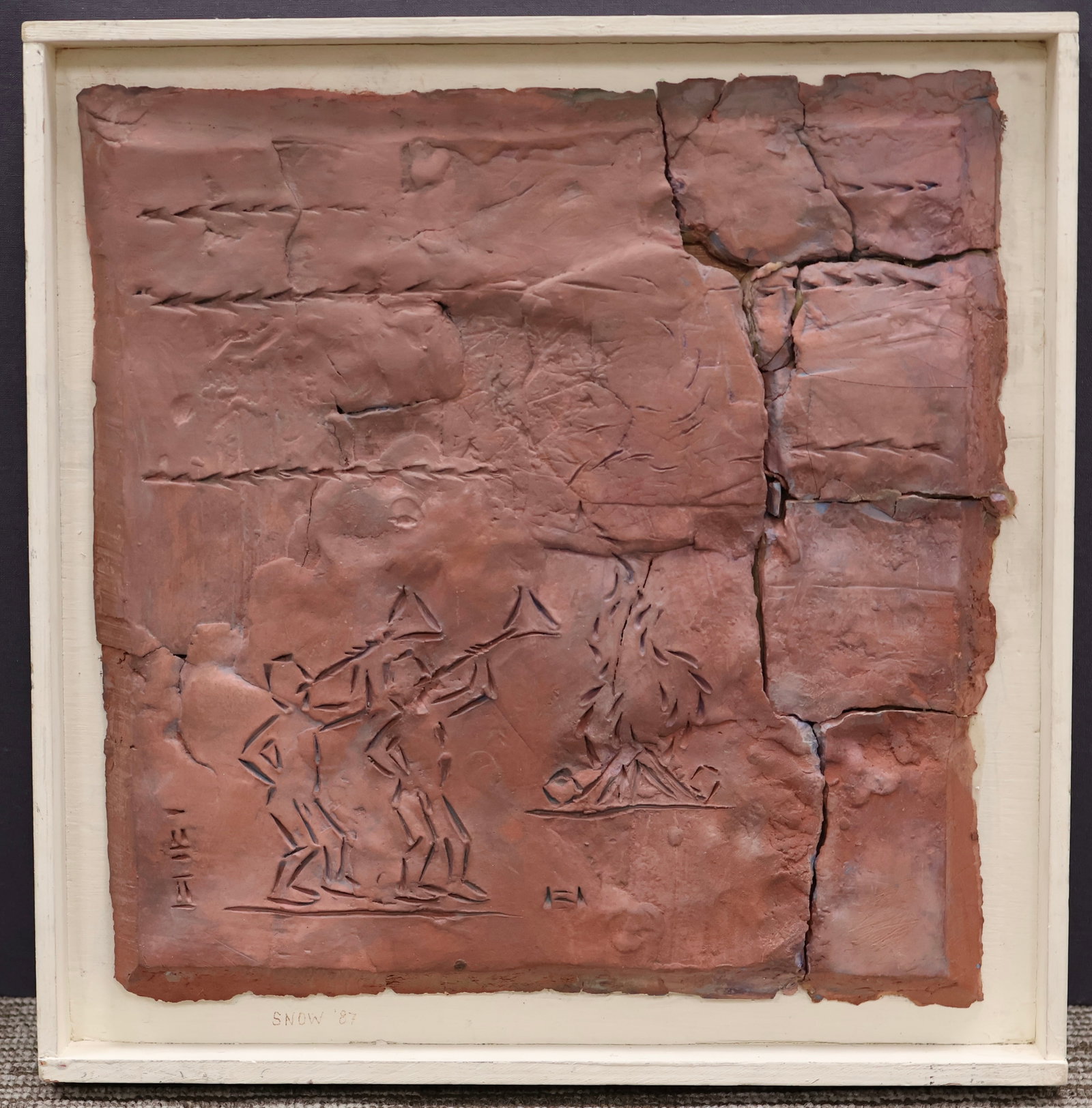 Michael Snow, Canadian (b.1929): A terracotta plaque / tablet from the album cover, ''The Last LP - Unique Last Recordings of the Music of Ancient Cultures'' Signed & dated 1987 l/l, artist's inscriptions verso. Image size: 12.5''x12