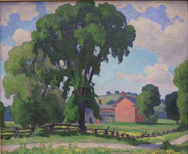 Frederick Stanley Haines, RCA, Canadian (1879-1960): Oil on board showing a rural landscape scene titled, ‘’Elm July, Near Port Hope’’. Signed l/r, titled to plaque and verso. Image size: 14’’x17’’ (Frame size: 22’’x19.5’’).