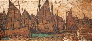 Marc-Aurèle Fortin, Canadian (1888-1970): A unique oil on birchbark panel showing a fishing port with moored sailboats. Signed l/r, Image size: 13’’x30’’, (Frame size: 20.5’’x37’’).