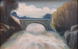 John A Hammond, Canadian, (1843-1939): Oil on pulp board titled, ‘’Waterfall near Wakefield on the Gatineau’’ 1890. Galerie D’art label verso. Signed l/r, titled & signed verso. Image size: 8-&frac12;’’x5-&frac14;’’, (Fra