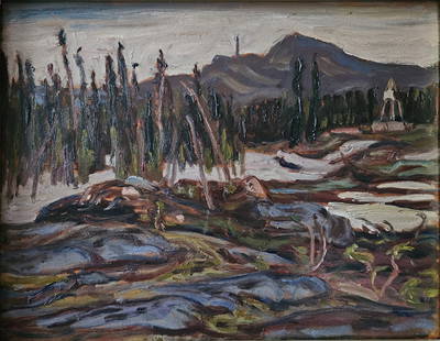 Alexander Young (A.Y.) Jackson OSA, RCA, Canadian (1882-1974): Oil on board showing a rugged landscape scene at Smallwood Mine, Newfoundland. Provenance: Consignor who worked for Smallwood Mine purchased directly from Jackson. Signed l/r, Image size: 11.5’’x1