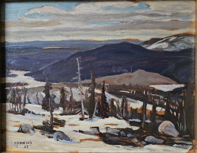 Maurice Hall Haycock, Canadian?(1900-1988): Oil on board showing a rugged landscape scene at Smallwood Mine, Newfoundland. Provenance: Consignor who worked for Smallwood Mine purchased directly from Haycock. Signed & dated 1962 l/l, Image size:
