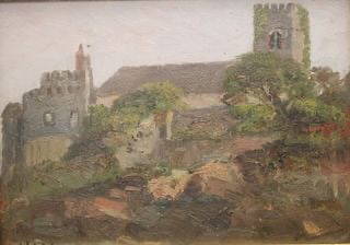 Homer Ransford Watson, Canadian (1855-1936): Oil on board titled: ‘’Church & Castle at Devon, England”. Initialed l/l, provenance pertaining to the owner verso. Image size: 6’’x8-½’’, (Frame size: 12-¼’’x15’