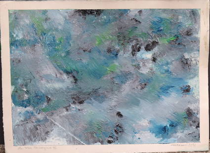 Jack Pollock, Canadian (1930-1992) Canadian (1930-1992): Oil on paper showing an abstract composition in green & blue hues. Signed & dated 1991 l/r and titled: ''La Mer Camargue II'' l/l. Image size: 11''x15'' unframed.