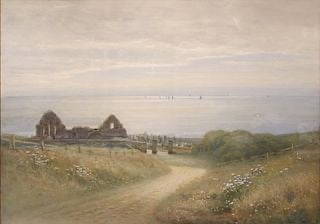 John Mitchell, Scottish (1837-1926): Watercolour on paper showing a coastal scene with ruins titled ''The Old Church at Cowie, St. Mary's on the Cliffs'' near Stonehaven. Signed l/r & dated 1917. Image size: 18''x24'' (Frame size: 27''x3