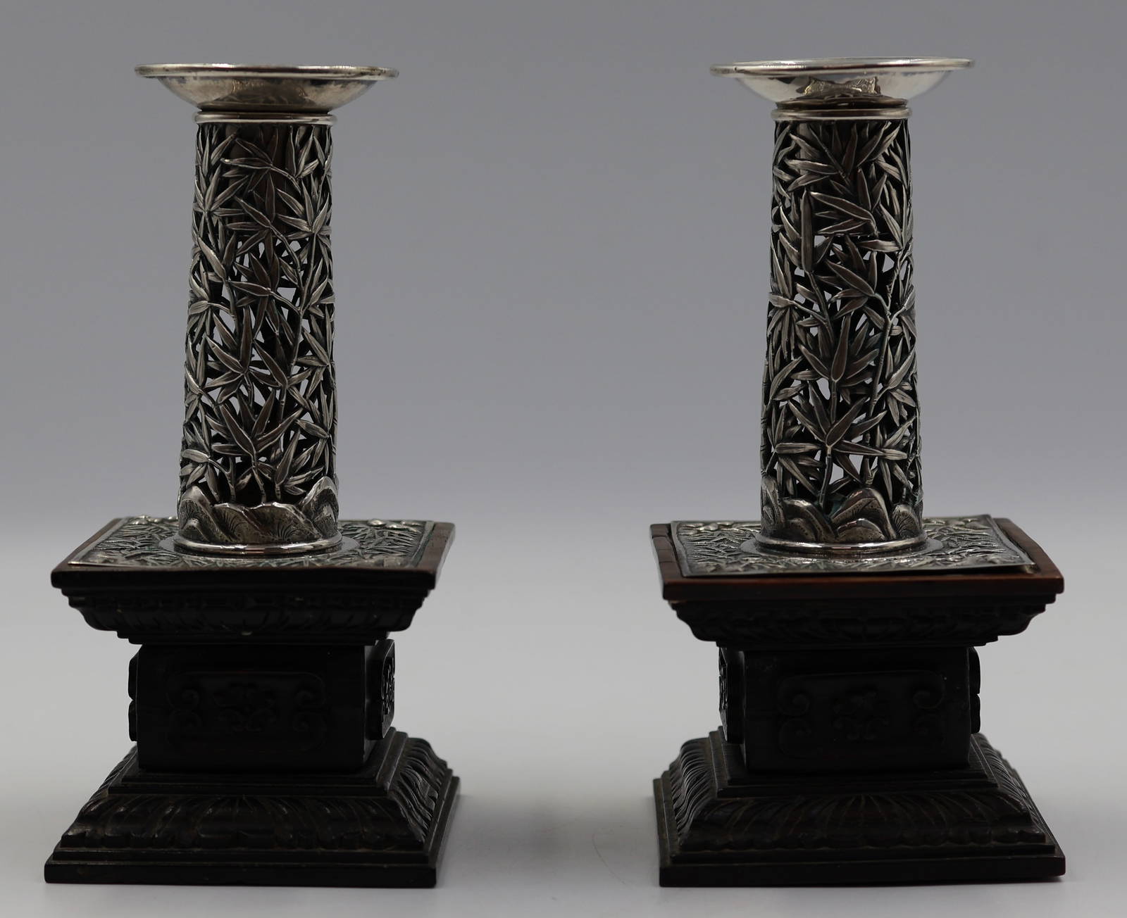 Pair of Chinese Export Silver Candlesticks by Wang Hing & Co
