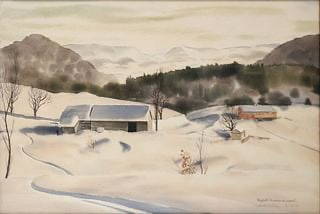 Rafal Malczewski, Polish (Active in Canada) (1892-1965): Watercolour on paper showing a rural winter landscape with barn & cottage and mountains to the background. Signed l/r & titled indistinctly ‘’Chalet…, 1947’’. Image size: 14.5’’x21.5’�
