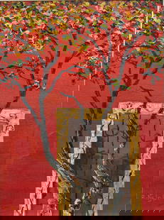 David Najar, Israeli (b.1962): Oil on canvas showing a window grate on a vibrant red coloured wall and blossoming tree to the foreground. Signed l/l, Image size: 16’’x12’’ (Frame size: 25’’x21’’).