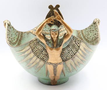 Erte - Romain de Tirtoff, Russian/French, (1892-1990): A limited edition cold painted bronze figural bowl done in pure Art Deco manner. The whole is finished in a verts-de-gris to partially gilded patina. Signed to the interior, numbered 165/395, dated 19