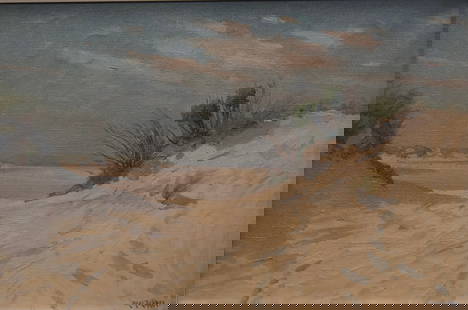 Hendricus Nicolaas (Henk) Dekker (Dutch, 1897-1974): Oil on canvas showing a tranquil coastal scene with sand dunes. Signed l/r, galery label verso. Image size: 16"x24" (Frame size: 22"x30")