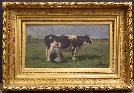 Johannes Martinus Vrolijk, Dutch (1845–1894): Oil on board showing a maiden milking a cow. Gallery label verso. Signed l/r, Image size: 6’’x11.5’’ (Frame size: 17.5’’x12’’).