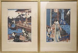 Utagawa Kunisada, Japanese (1786-1864): A diptych of (pair) of oban woodblock prints showing court scenes with figures by waterfalls & rivers. Seal marks in the plate, Image size: 13''x9.5'' (Frame size: 21''x15.5'').