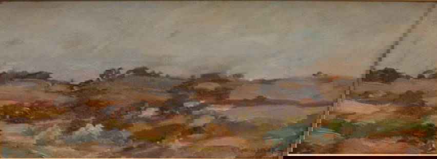 Thomas Bromley Blacklock, (British, 1863-1906: Oil on board showing a hilly pastoral scene. Piece is mounted in a stunning hand carved giltwood frame. Signed l/r, image size: 7"x18" (Frame size: 13.5"x24.5")