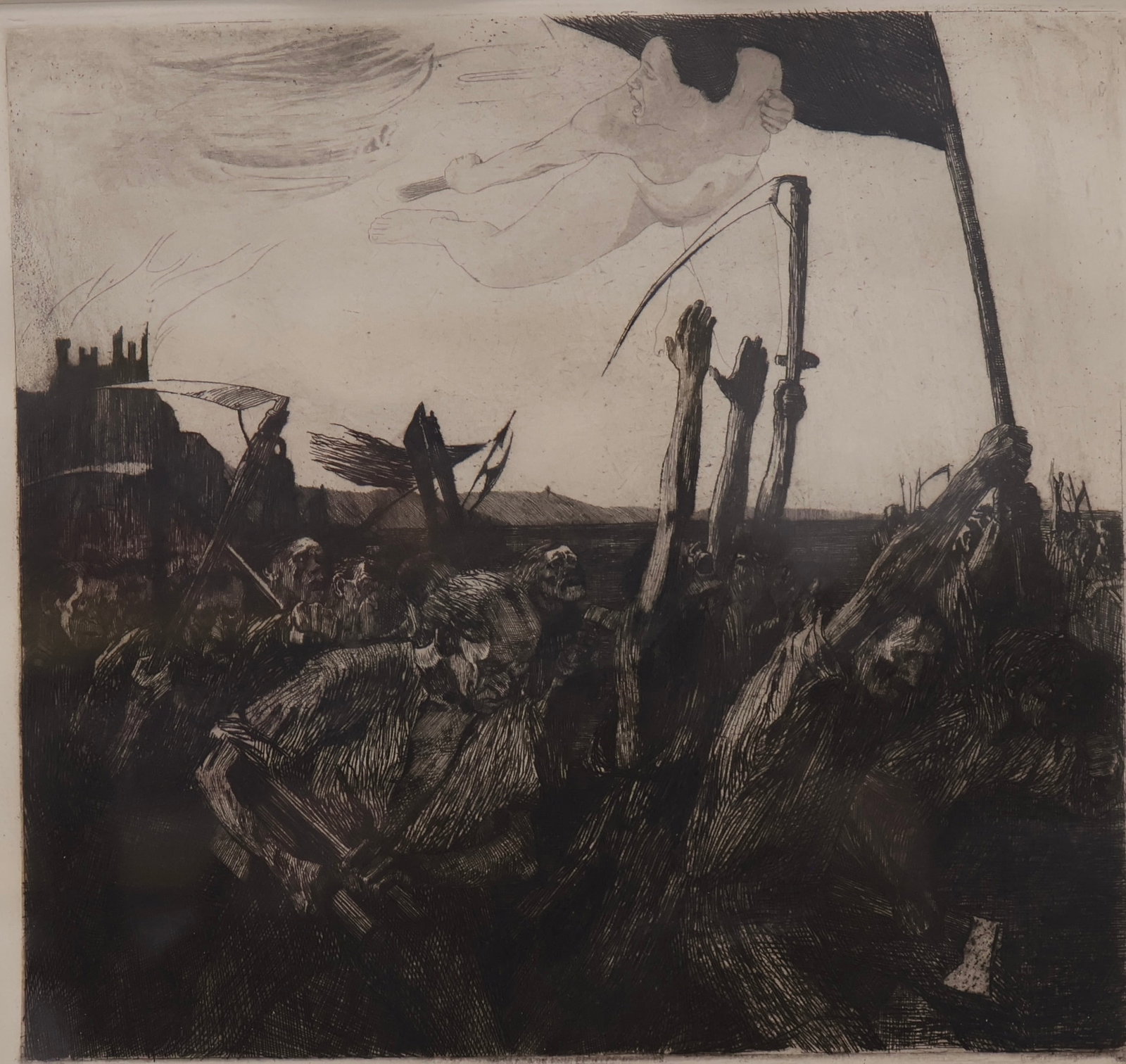 Käthe Kollwitz, German (1867-1945): Etching on paper titled ‘’Revolt’’. Image size: 11.5’’x12.5’’ (Frame size: 17’’x21’’).