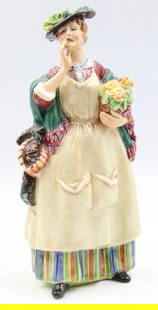 Royal Doulton Figurine ''Odds and Ends'': This hand painted vintage example designed by Leslie Harradine shows a street vendor / flower seller titled ''Odds & Ends''. The standing woman is clad in period atire. Inscribed underside: HN 1844, t