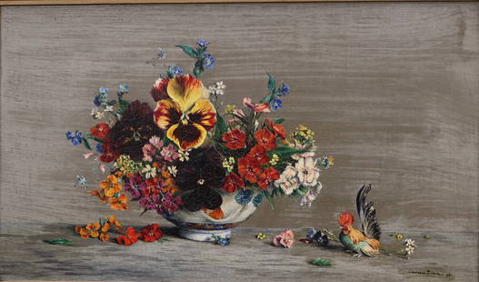 Laurence Biddle, British (1888–1968): Oil on board showing a floral still life study with a bowl of wildflowers and rooster. Gallery label verso, signed & dated 1946 l/r. Image size: 13x21 inches (Frame size: 19x28 inches). Estimate: $600