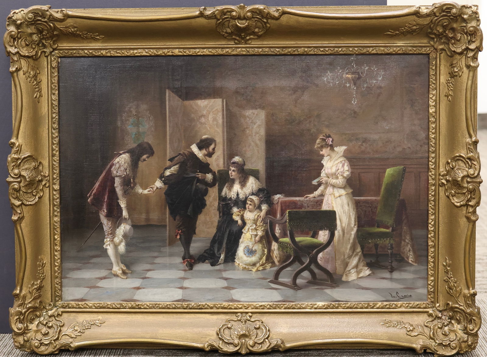 Luigi Crosio, Italian (1835-1915): Oil on canvas showing an interior scene titled ‘’Demande en Mariage’’ (Marriage Proposal). Provenance: Koyman Galleries CoA & appraisal. Signed l/r, titled verso. Image size: 21’’x31’’