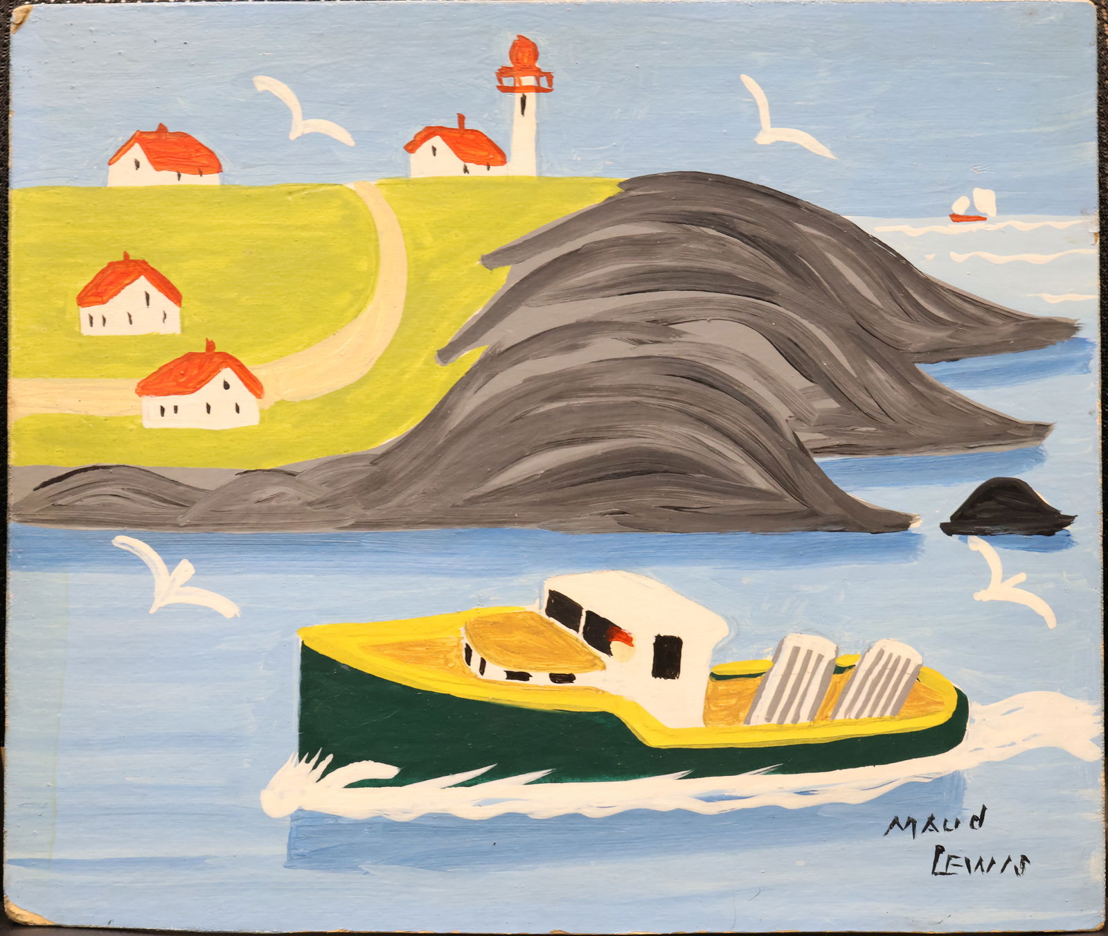 Maud Lewis, Canadian (1903–1970): Oil on Beaverboard showing a rugged coastal scene with returning lobster fishermen. Signed l/r, Image size: 12’’x14’’ unframed