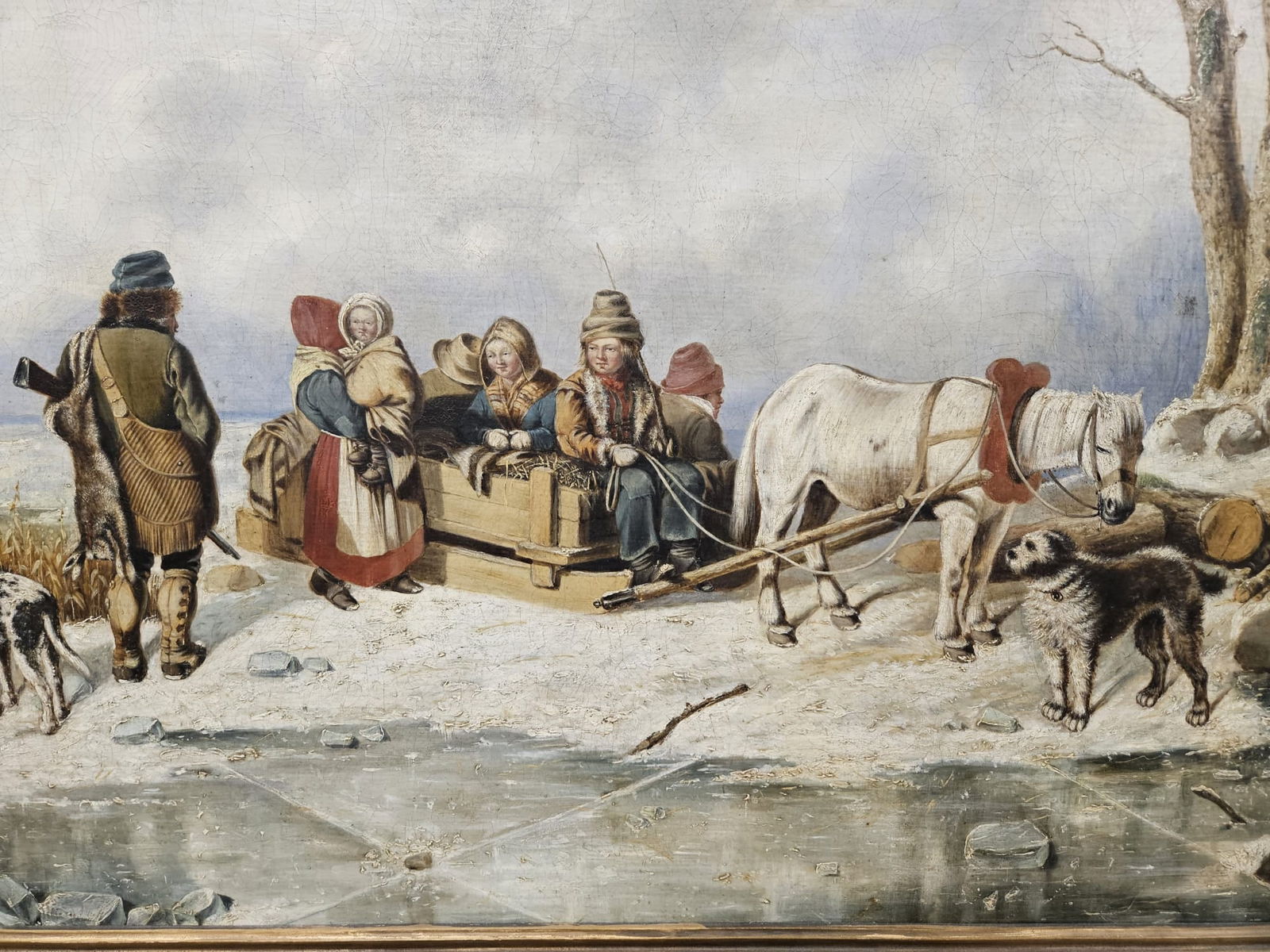 Cornelius David Krieghoff, Canadian (1815-1872): An important oil on canvas showing a large rural Quebec winter scene with a large family preparing the horse drawn cart for a jourey. This lively image celebrates one of Krieghoff's favorite subjects