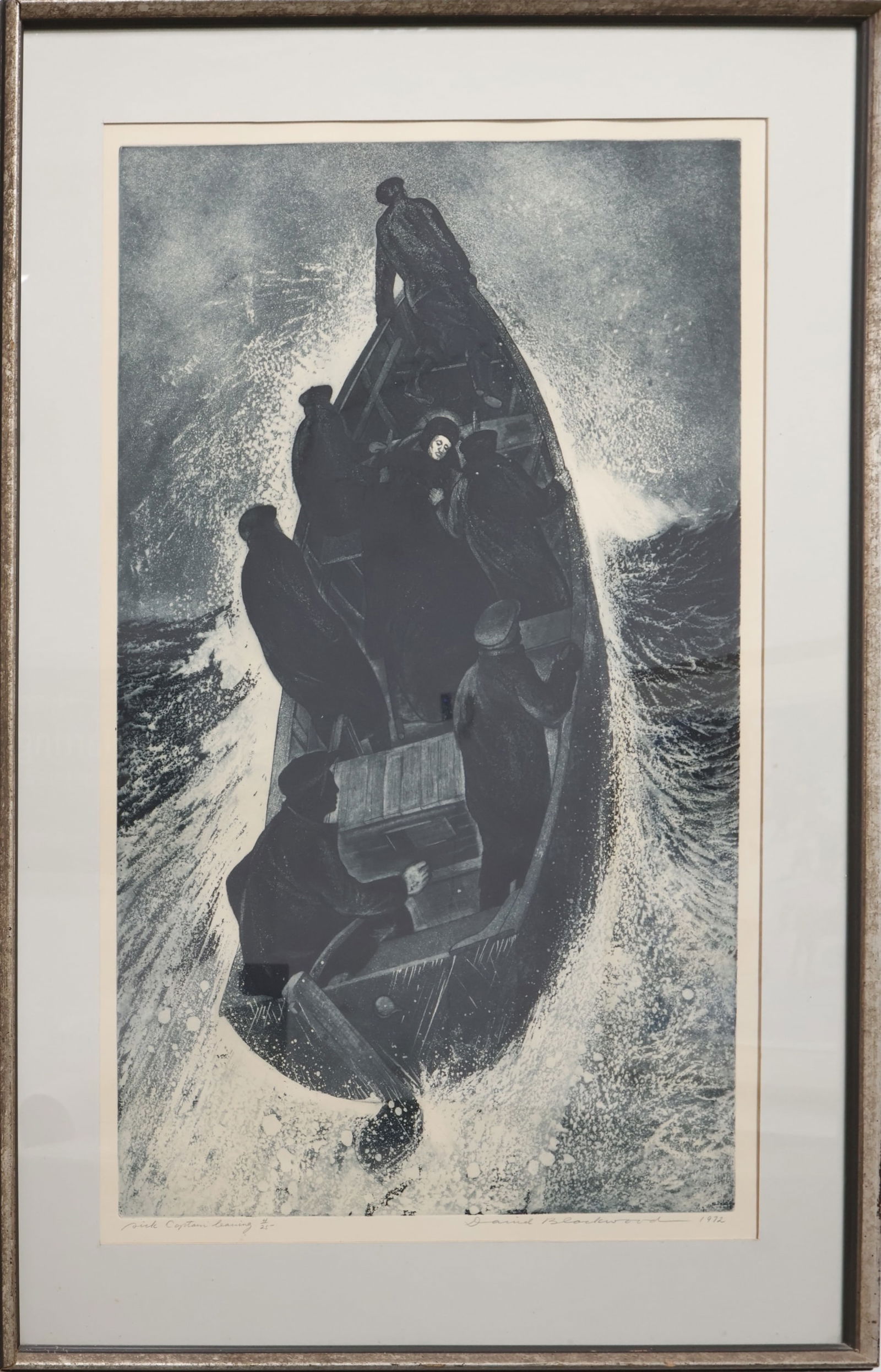 David Lloyd BlackwoodOSA, RCA, Canadian (1941-2022): Etching and aquatint on paper titled “Sick Captain Leaving, 1972”. Signed, titled, dated & numbered (4/25) in pencil to the margin. Image size: 31.75”x19.75” (Frame size: 41.5&rdqu