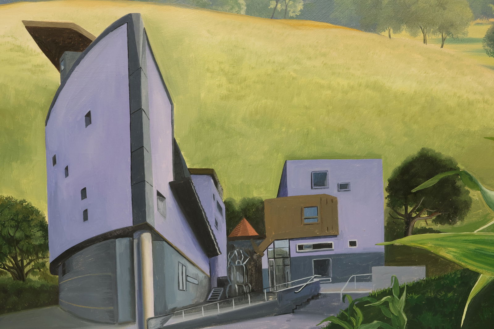 Natasha Kissell, British (b.1978): Oil on canvas showing a typical image for her with modernist architecture set in an imaginative landscape. Provenance: Eleven Fine Arts, England gallery label verso. Image size: 30”x38” un