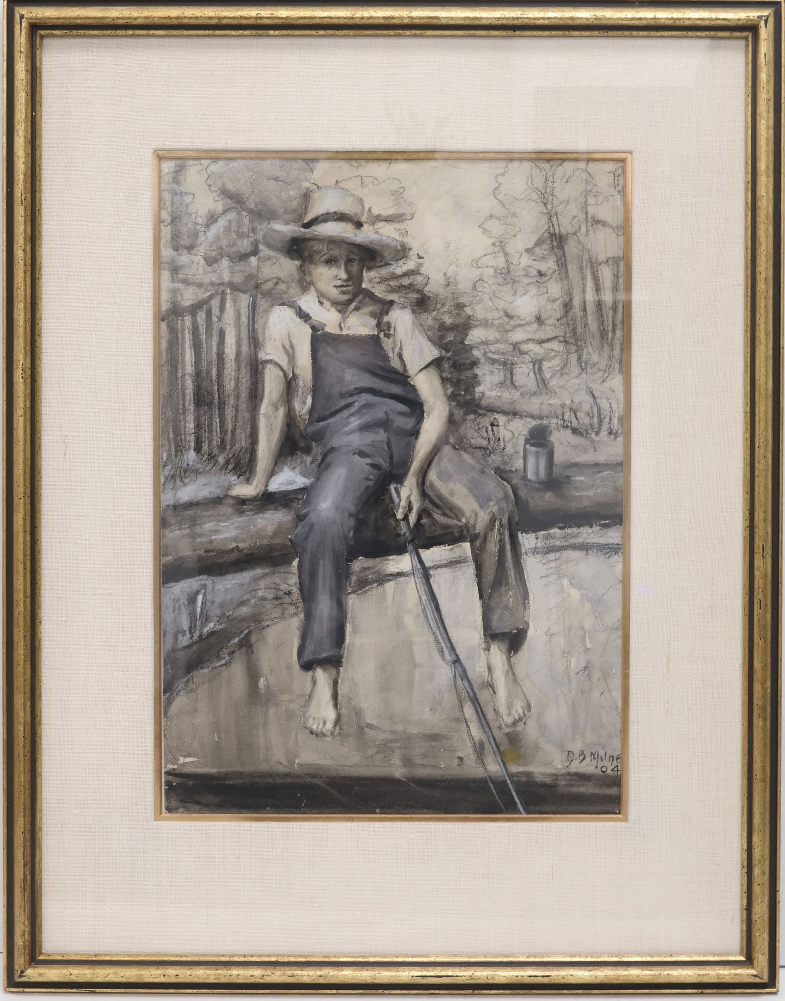 David B. Milne, Canadian (1882-1953): Charcoal & coloured wash on paper titled “Young Boy Fishing”. Provenance: Somerset Art Gallery label verso. Signed & dated 1904 l/r, Image size: 15.5”x10.75” (Frame size: 23”