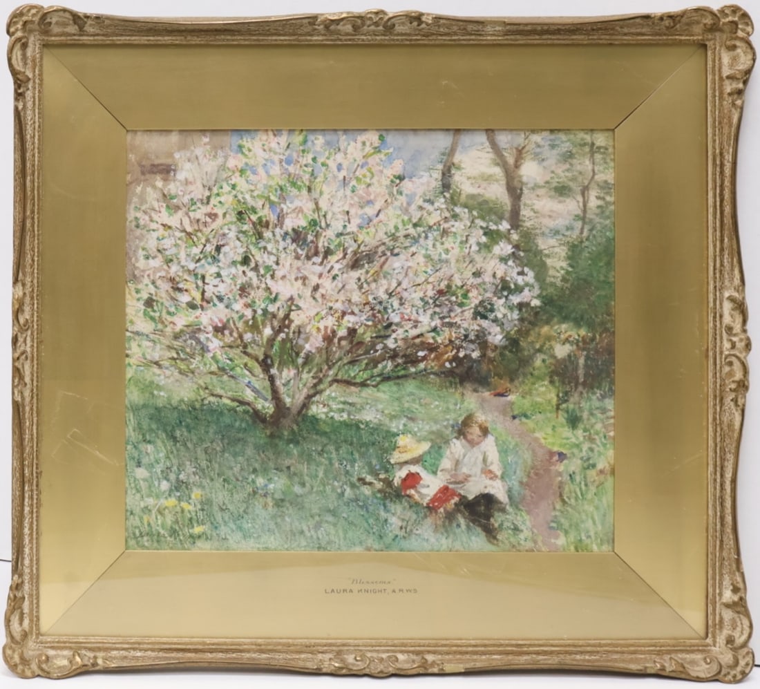 Dame Laura Knight British (1877-1970): Watercolour on paper showing children sitting in a lush meadow under a blossoming tree titled: “Blossoms”. Provenance: John A Cooling gallery label verso. Signed l/l, titled to the matting. Im