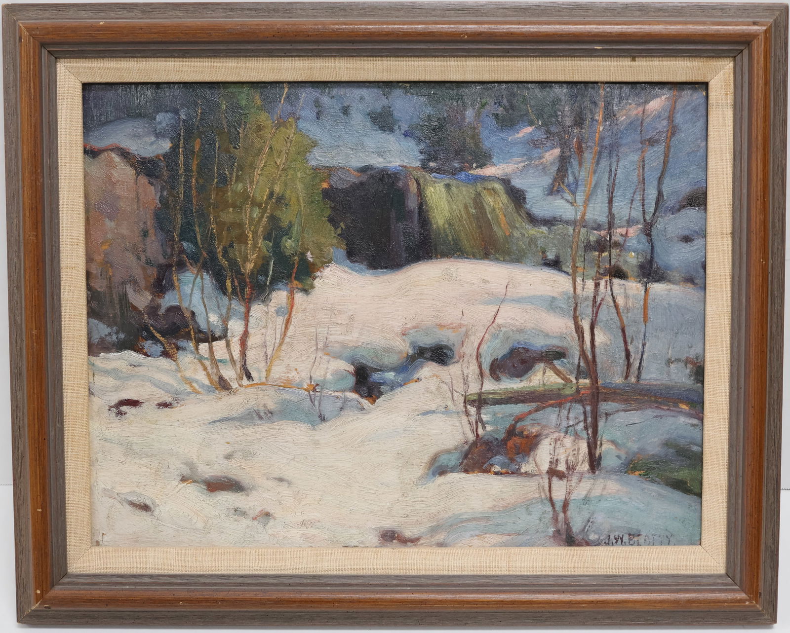 John William Beatty, OSA, RCA, Canadian (1869-1941): Oil on board showing a winter landscape titled: “The Little Falls”. Signed l/r, titled, inscribed & signed verso. Image size: 10.25”x13.75” (Frame size: 13.5”x16.5”).