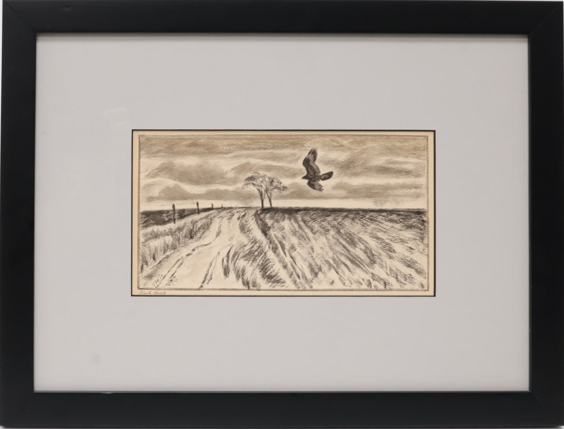 Thoreau MacDonald, Canadian 1901-1989): A grisaille watercolour on paper showing a path through a farmers field titled "Black Hawk". Thoreau, son of J E H MacDonald mainly worked in black and white due to being colour blind. Initialed & dat