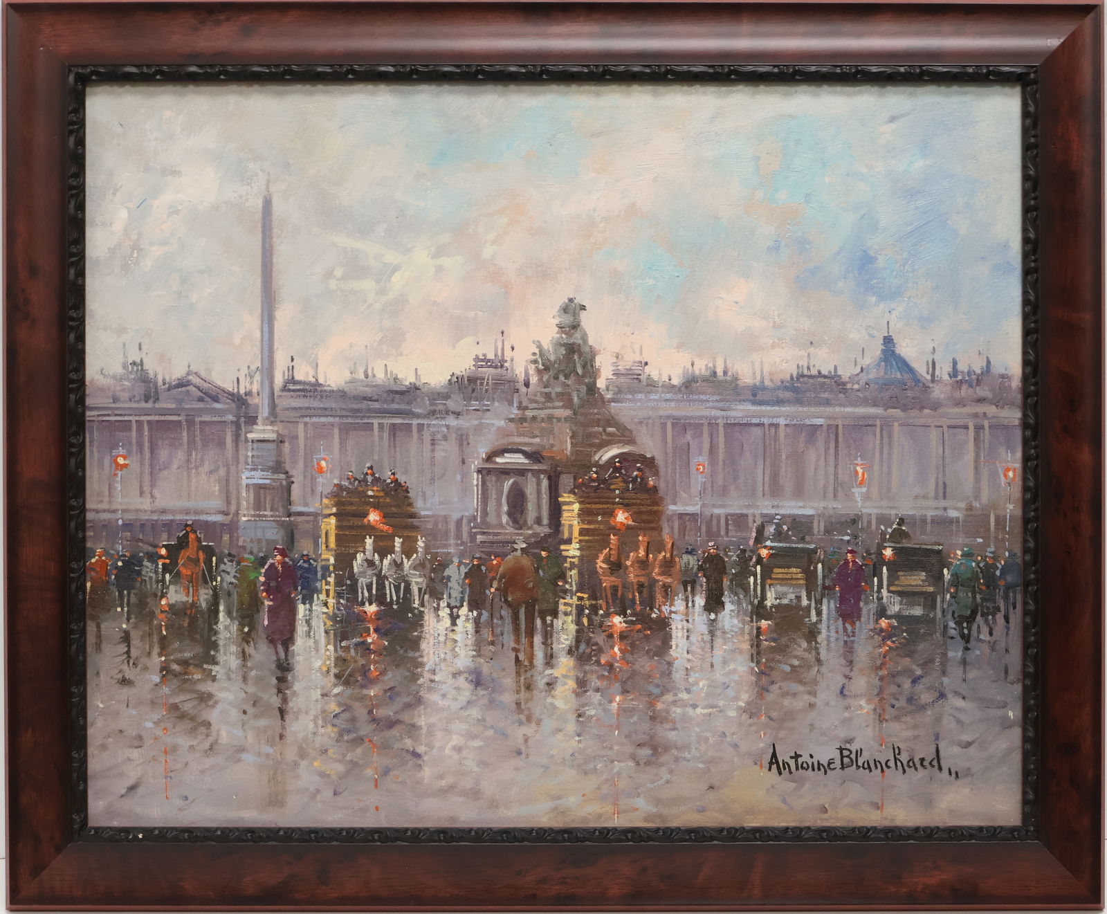 Antoine Blanchard, French (1910-1988): Oil on canvas showing a Parisian square titled ‘’Place de la Concorde, Paris’’. Signed l/r, Image size: 16’’x20’’ (Frame size: 19’’x24’’).