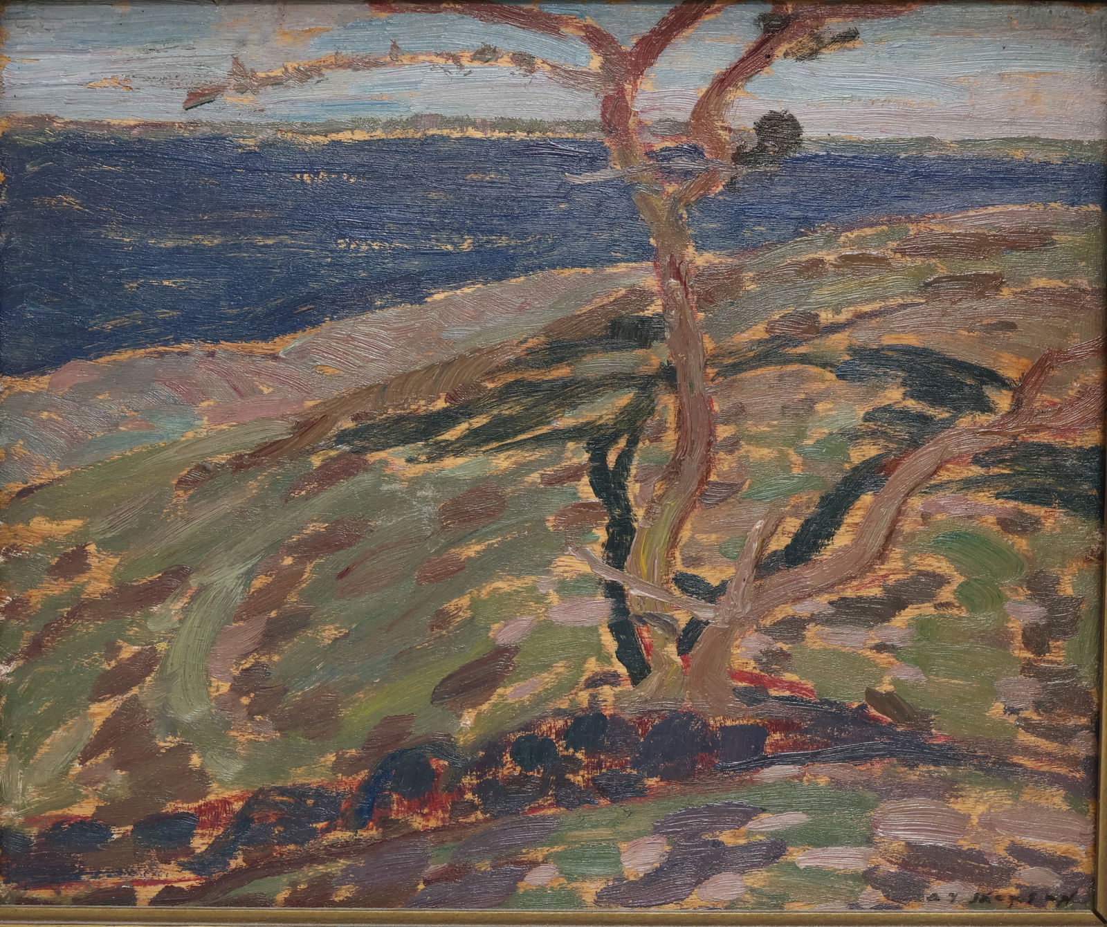 Alexander Young Jackson, Canadian (1882-1974): Oil on board (double sided) showing two completed works, the front shows a hilly lake scene with a single tree to the foreground, signed l/l. The reverse shows a wooded landscape with typical Jackson