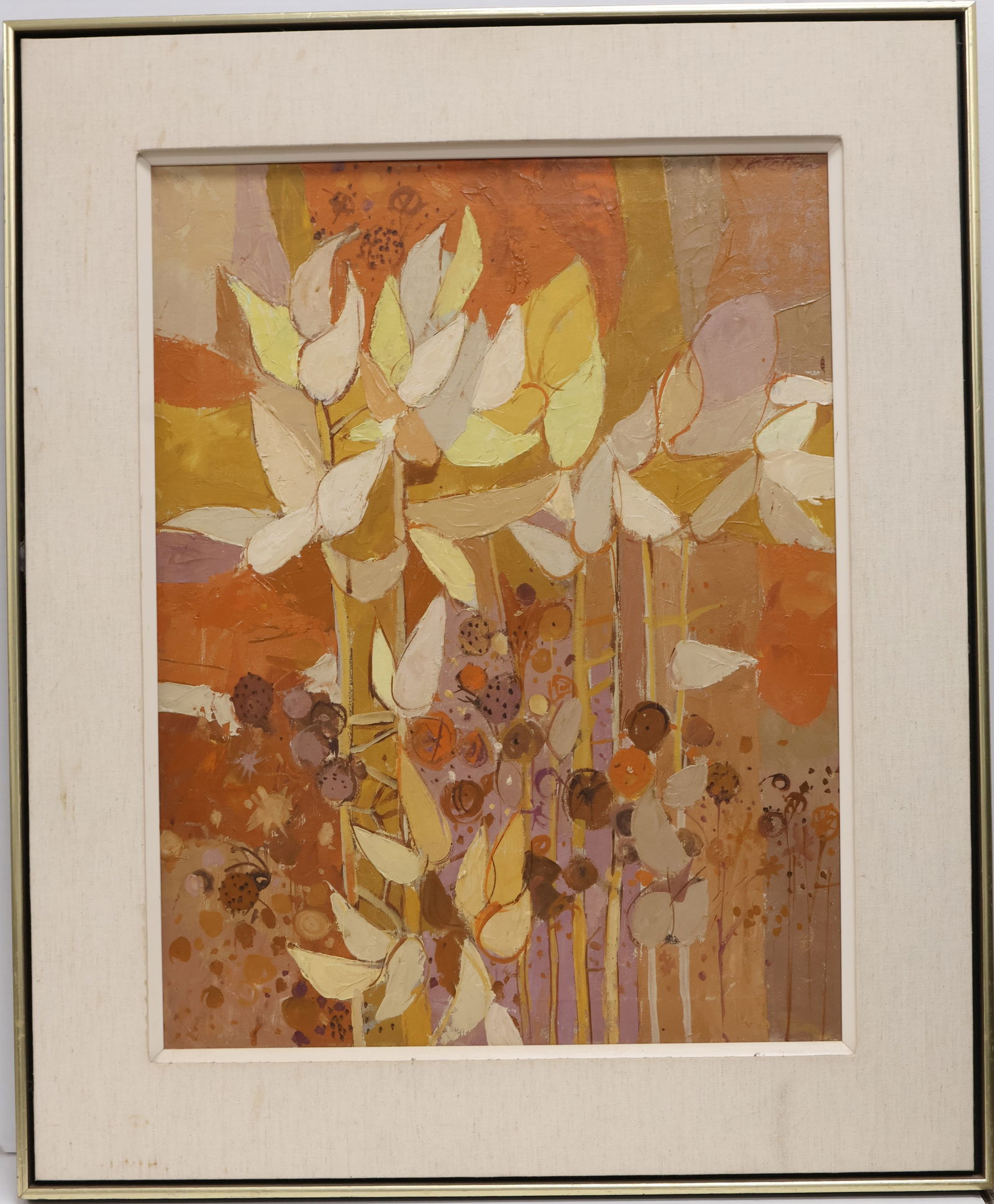 Donald Mackay Houstoun, Canadian (1916-2004): Oil & Lucite on canvas titled Autumn Milkweed, Humber Valley’ Signed u/r, titled & inscribed verso. Image size: 26 inches x 20 inches (Frame size: 34 inches x 28 inches).
