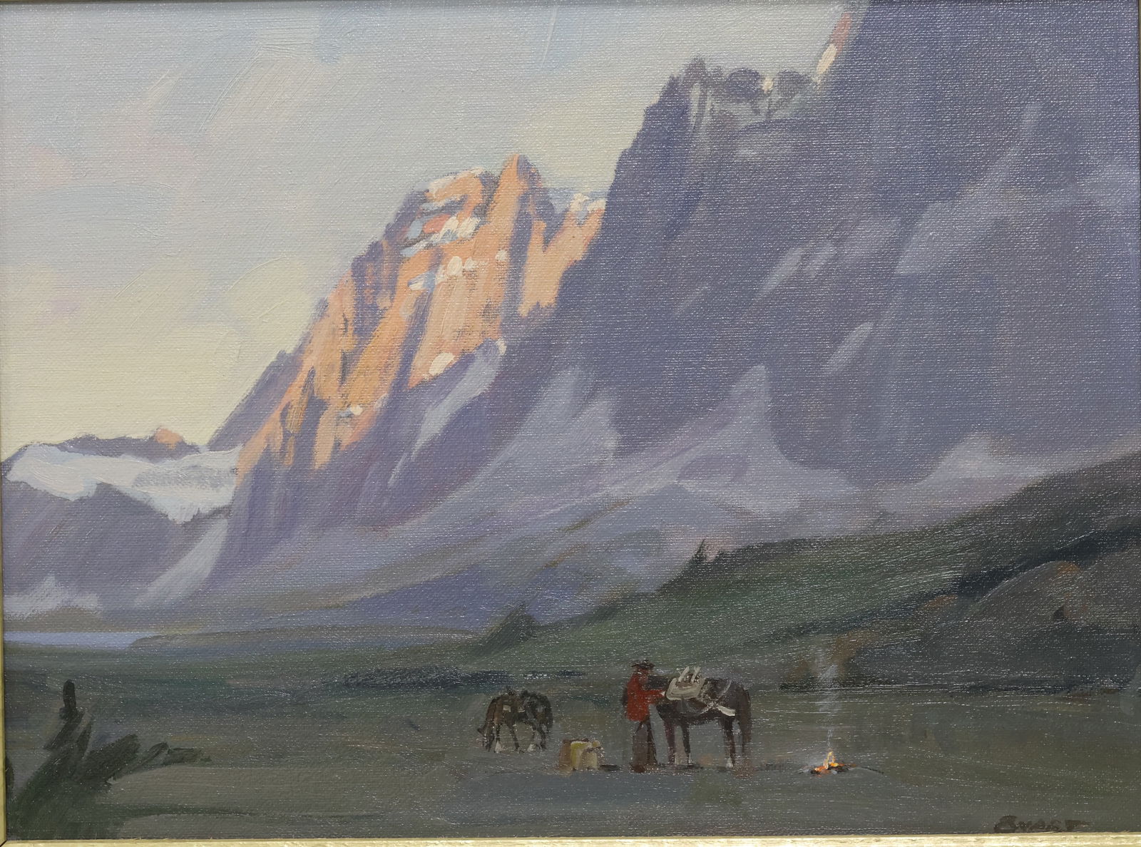 Peter Maxwell Ewart, Canadian (1918-2001): Oil on canvas board showing a mountainus landscape with horses and rider by a fire titled: "Sunrise on the Ramparts, Jasper National Park". Signed l/r, titled & signed verso. Image size: 12"x16" (Fram