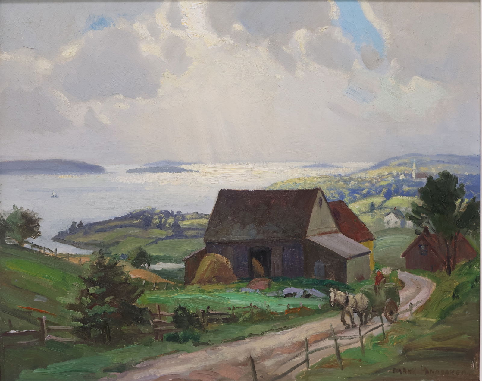 Frank S. Panabaker, Canadian (1904-1992): Oil on masonite showing a rural landscape with horse drawn cart approaching with lake & barn to the background. Titled: “Village of West Cheezetcook, Nova Scotia”. Signed l/r, Image size: 15&r