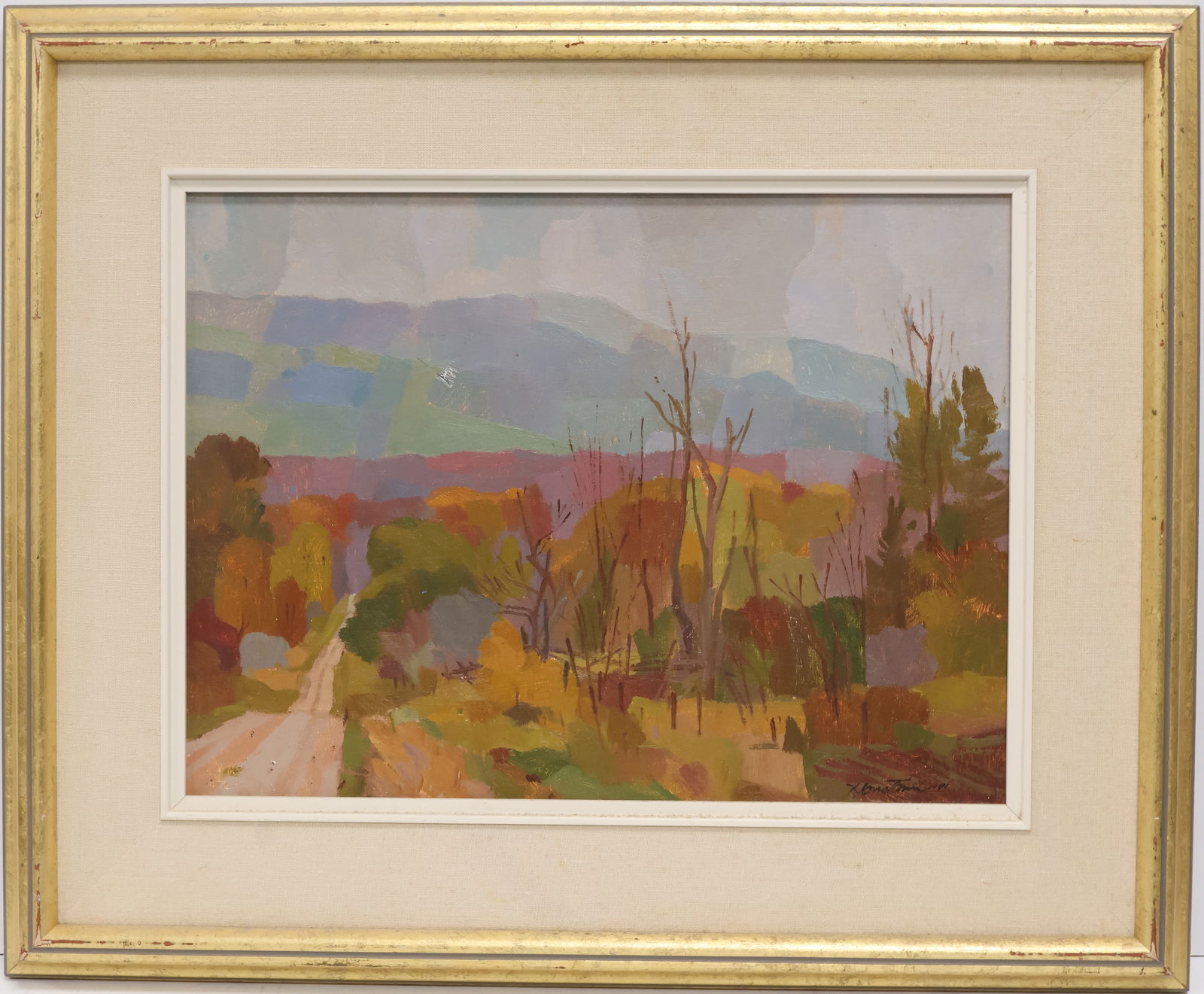 Donald Mackay Houstoun, Canadian (1916-2004): Oil & Lucite on panel titled ‘’Evening Hills, Beaver Valley’’. Signed l/r, signed & titled verso. Image size: 12’’x16’’ (Frame size: 19’’x22.5’’). (Condition noted)