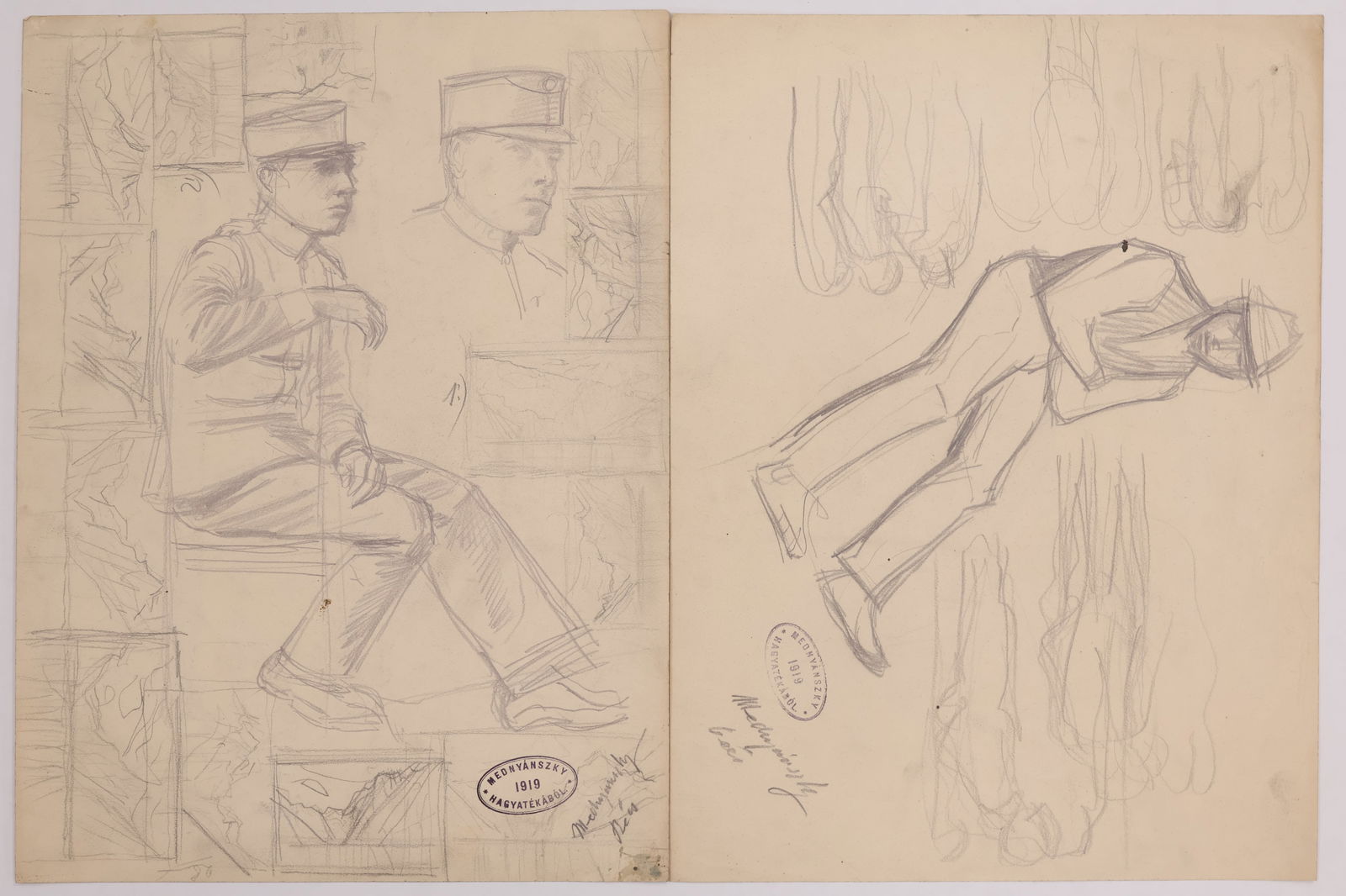 Laszlo Mednyansky: Two pencil sketches on paper showing figural studies to both sides of the paper. Signed & inscribed with Mednyánszky 1919 legacy seal / stamp visible. Sheet size: 16”x12”Provenance:Sketch
