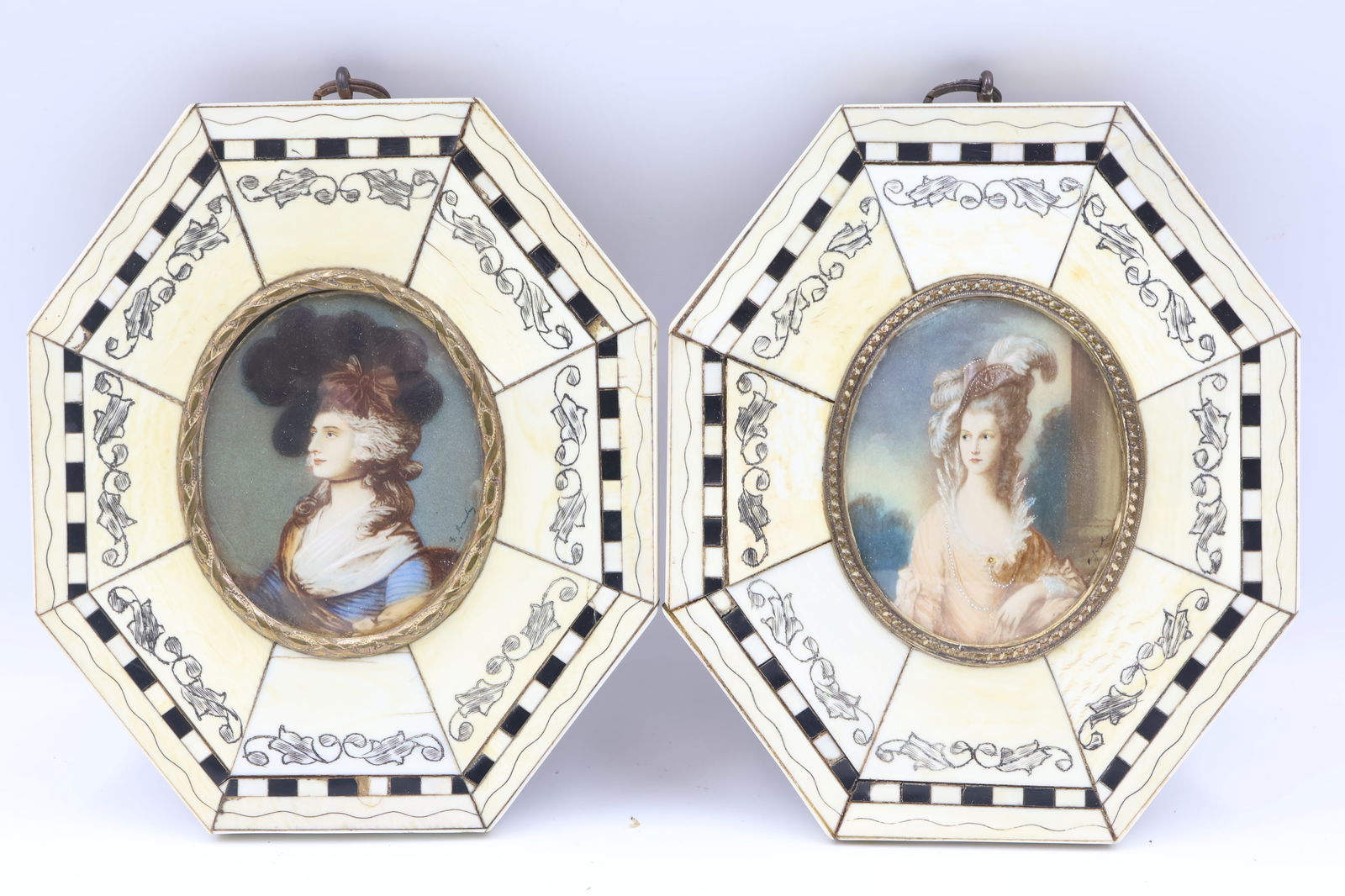 After Thomas Gainsborough, British (1727-1788): A pair of miniature portraits depicting Mrs Sarah Siddons (18th century actress) & The Hon. Mrs. Thomas Graham. Portraits are mounted in bronze & bone octagonal frames with ebony inlay and insised arv