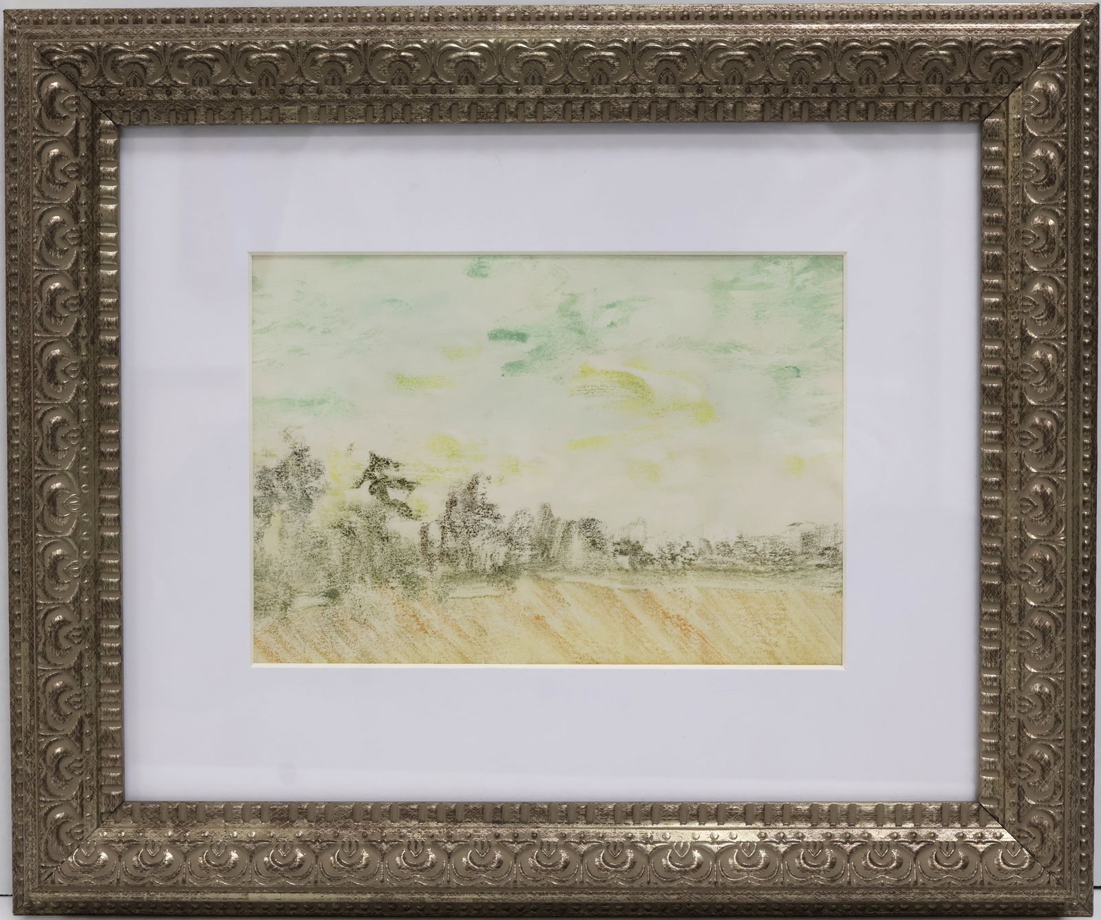Charles Warren Eaton American (1857–1937): Monotype print on paper showing a landscape study. Inscribed Chas Warren Eaton versowith stamp showing eagle with outstretched wings. Image size: 4.5’’x6.5’’ (Frame size: 12’’x12’’).