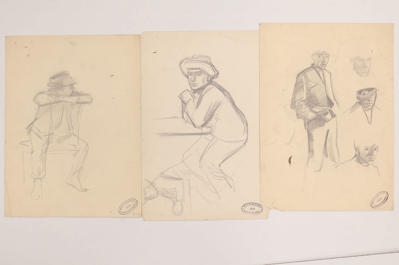 Laszlo Mednyansky: Three pencil & watercolour sketches showing figural studies, each example is done on both sides. One signed, all three with Mednyánszky 1919 legacy seal / stamp. Sheet size: 17”x12”.Prove