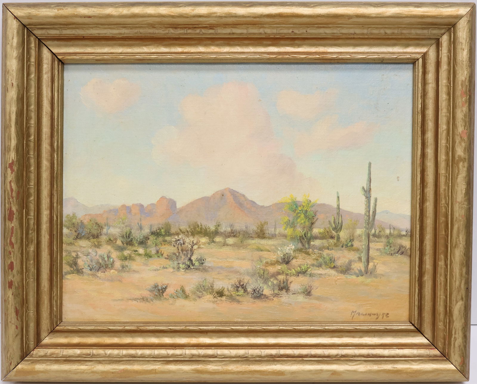 Archibald Dugald (A.D.) MacIntyre, American (1890-1953): Oil on canvas board showing a desert scene titled: Mt. Camelback, Pheonix, Arizona 1952. Image size: 9"x12" (Frame size:13"x16").